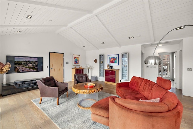 living room featuring beamed ceiling, wood ceiling, wood-type flooring, and high vaulted ceiling