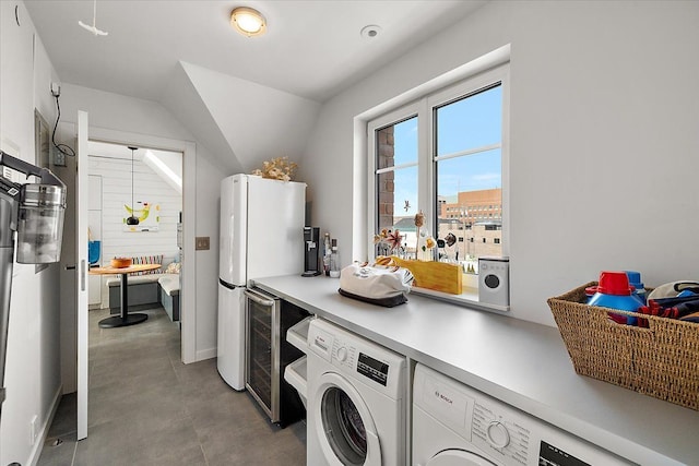 laundry area with washer and dryer and wine cooler