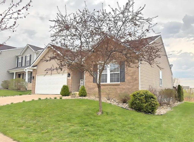 view of front facade with brick siding, a garage, a front lawn, and concrete driveway
