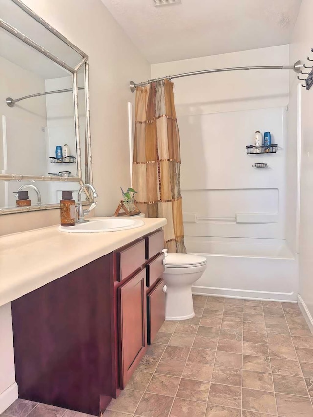 bathroom featuring toilet, visible vents, shower / bathtub combination with curtain, and vanity