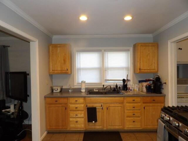 kitchen with light tile patterned floors, gas stove, ornamental molding, and a sink