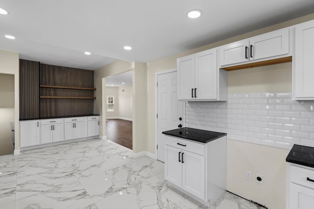 kitchen with recessed lighting, open shelves, and marble finish floor
