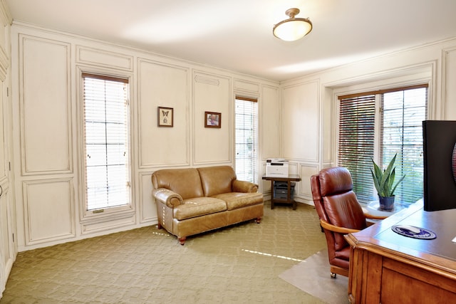 office space featuring a healthy amount of sunlight, a decorative wall, and light colored carpet