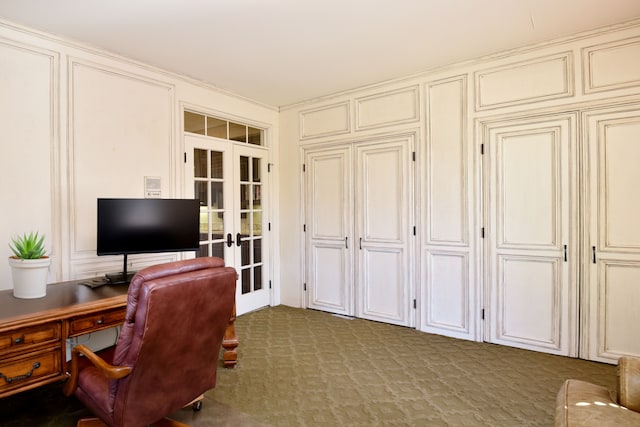 office space with french doors and carpet