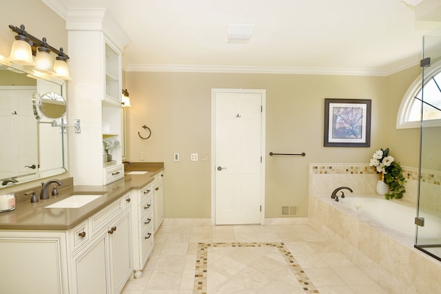 full bathroom featuring a garden tub, visible vents, vanity, baseboards, and ornamental molding