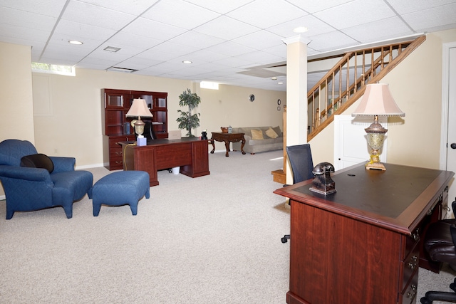 office space featuring carpet floors, recessed lighting, and a drop ceiling
