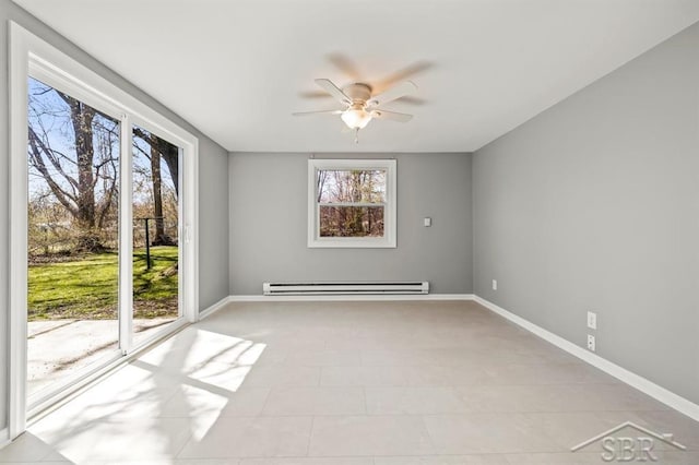 empty room with a ceiling fan, baseboards, and a baseboard radiator