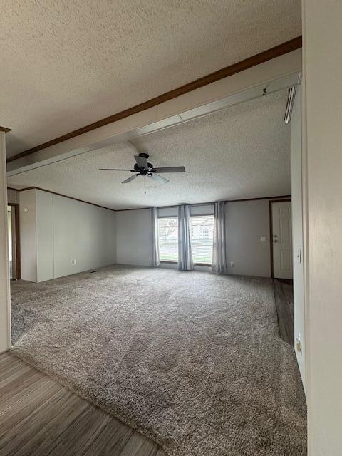 carpeted spare room featuring ceiling fan, a textured ceiling, and wood finished floors