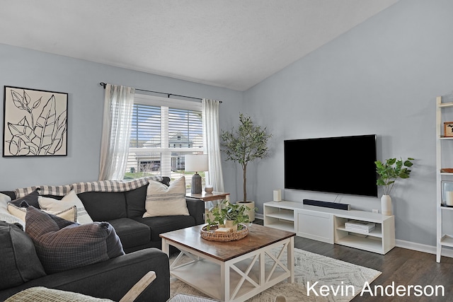 living room featuring baseboards, lofted ceiling, and dark wood-type flooring