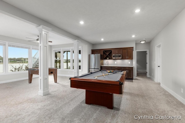 playroom with ornate columns, pool table, light colored carpet, and recessed lighting