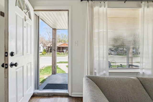 entryway with plenty of natural light, baseboards, and wood finished floors