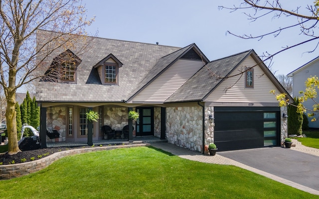 1229 Poppy Hill Dr, Oxford, MI 48371 - cape cod home featuring a front lawn, aphalt driveway, covered porch, and stone siding