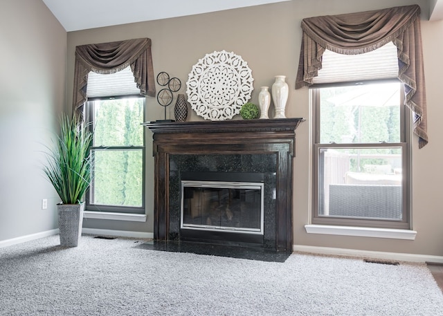 1229 Poppy Hill Dr, Oxford, MI 48371 - room details featuring carpet floors, a premium fireplace, baseboards, and visible vents