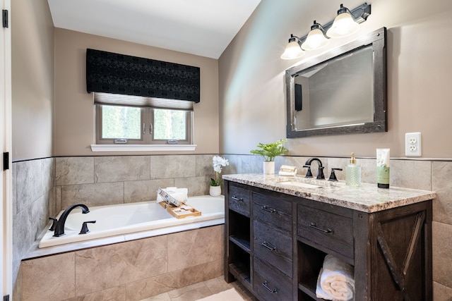 1229 Poppy Hill Dr, Oxford, MI 48371 - full bathroom with a bath, tile walls, tile patterned flooring, wainscoting, and vanity