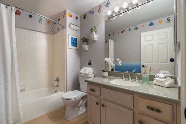 1229 Poppy Hill Dr, Oxford, MI 48371 - bathroom featuring toilet, wood finished floors, shower / tub combo with curtain, and vanity