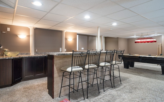 1229 Poppy Hill Dr, Oxford, MI 48371 - bar featuring light carpet, indoor bar, recessed lighting, a paneled ceiling, and pool table
