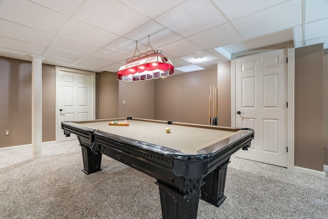 1229 Poppy Hill Dr, Oxford, MI 48371 - rec room featuring carpet floors, a paneled ceiling, baseboards, and pool table