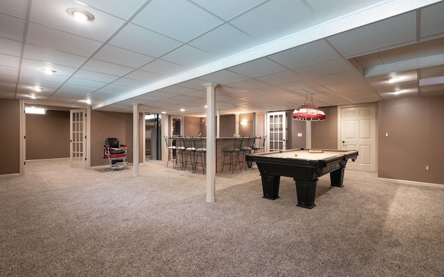1229 Poppy Hill Dr, Oxford, MI 48371 - rec room with bar, pool table, baseboards, carpet floors, and a drop ceiling