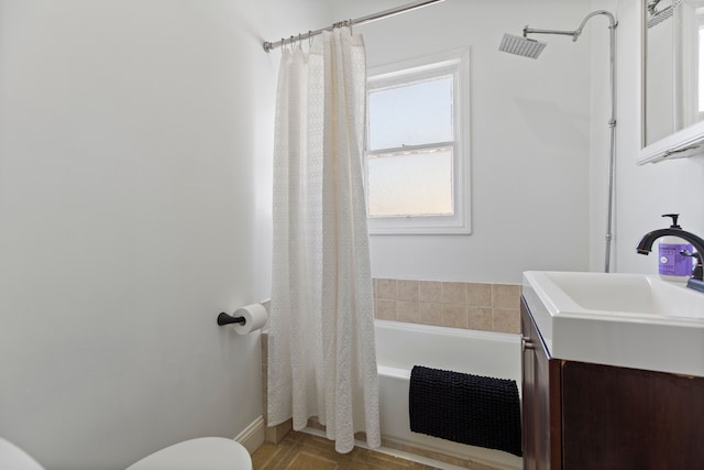 full bathroom with vanity, shower / bathtub combination with curtain, toilet, and visible vents