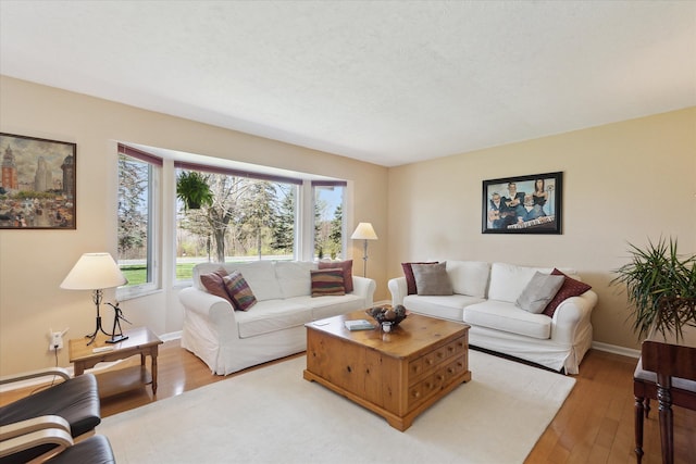 living area with baseboards and light wood finished floors