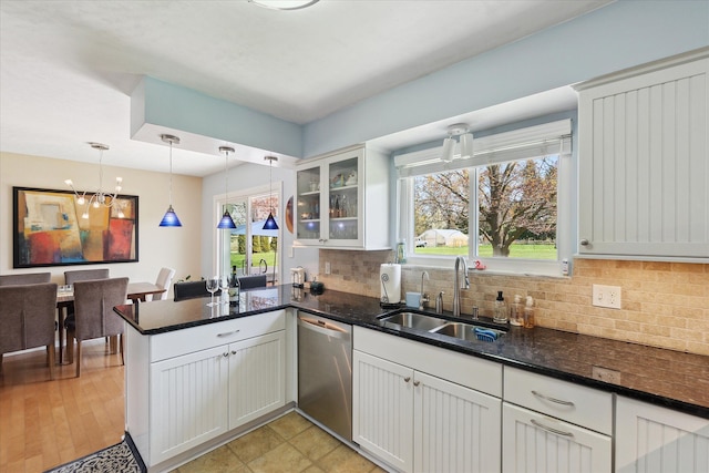 kitchen with stainless steel dishwasher, a peninsula, a sink, and tasteful backsplash