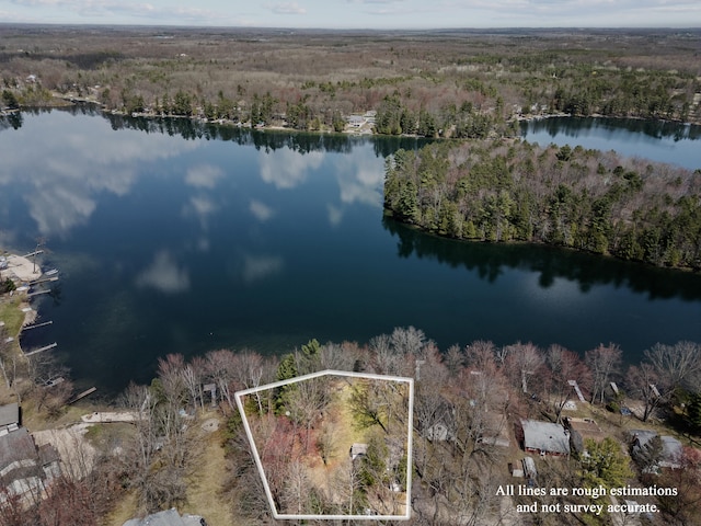 aerial view featuring a view of trees and a water view