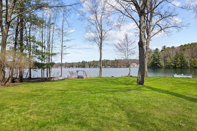 view of yard featuring a boat dock and a water view