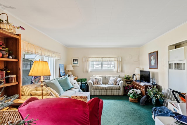 carpeted living room with ornamental molding and a wealth of natural light
