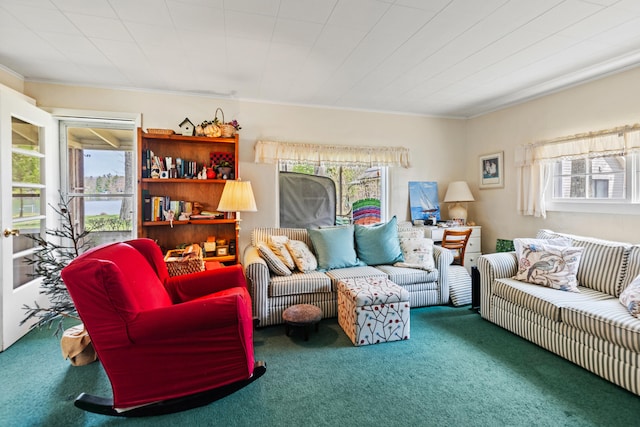 carpeted living area with crown molding and plenty of natural light
