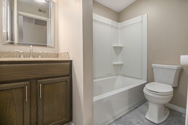 bathroom with visible vents, vanity, toilet, baseboards, and shower / bath combination