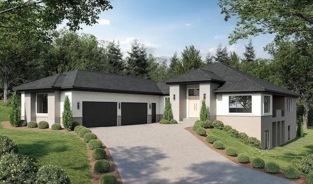 view of front of home with a garage, roof with shingles, a front yard, and concrete driveway