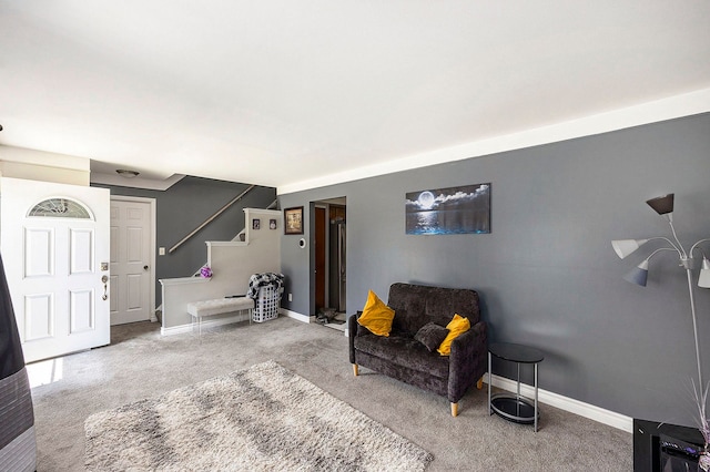 18643 Bittersweet, Fraser, MI 48026 - living area featuring carpet flooring, stairs, and baseboards
