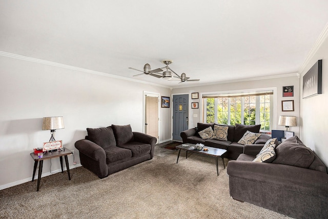 18643 Bittersweet, Fraser, MI 48026 - living area with crown molding, ceiling fan, carpet flooring, and baseboards
