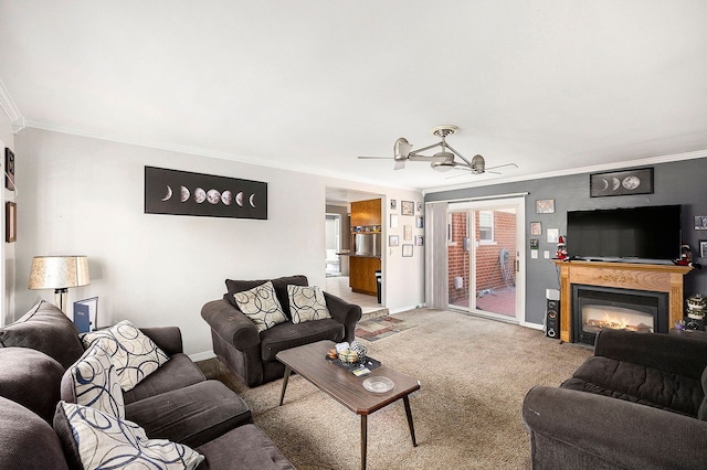 18643 Bittersweet, Fraser, MI 48026 - living room with crown molding, light colored carpet, baseboards, a glass covered fireplace, and a ceiling fan
