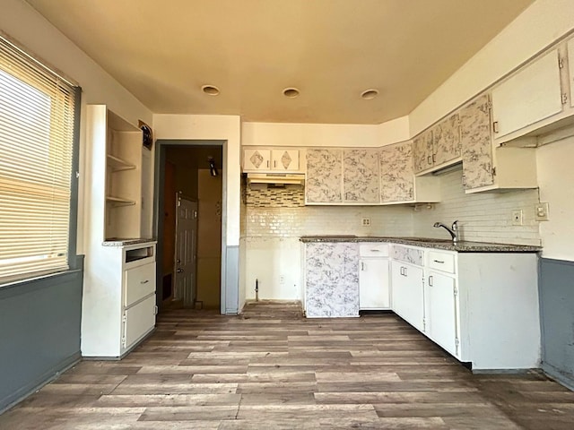 kitchen featuring dark wood-style flooring, dark countertops, a sink, and decorative backsplash