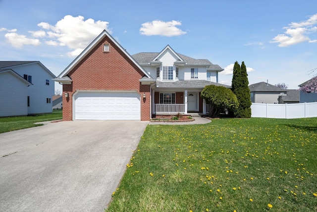 61 Old Carriage Ln, Lapeer, MI 48446 - traditional-style home featuring a front lawn, fence, brick siding, concrete driveway, and a porch