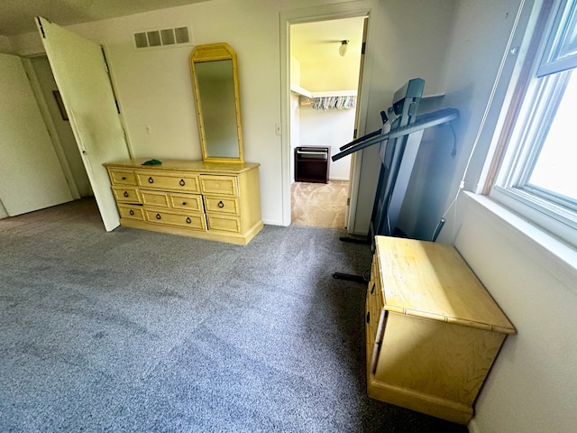carpeted bedroom featuring visible vents and a spacious closet