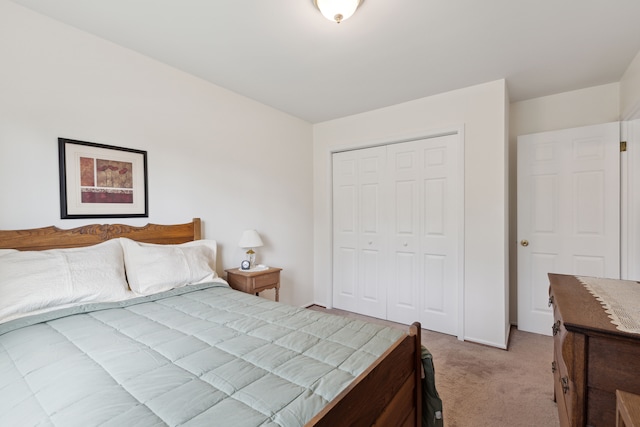 bedroom featuring a closet and light colored carpet
