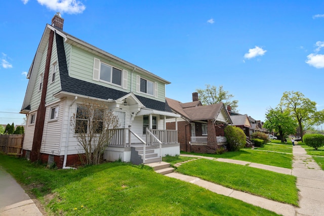 view of front of home with a chimney, roof with shingles, and a front lawn