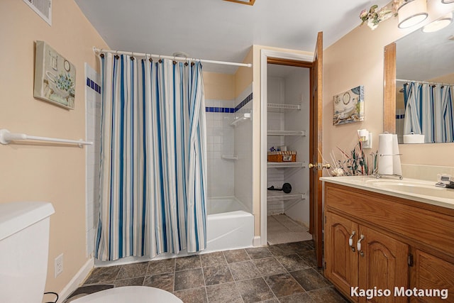 full bath featuring toilet, visible vents, shower / bathtub combination with curtain, and vanity