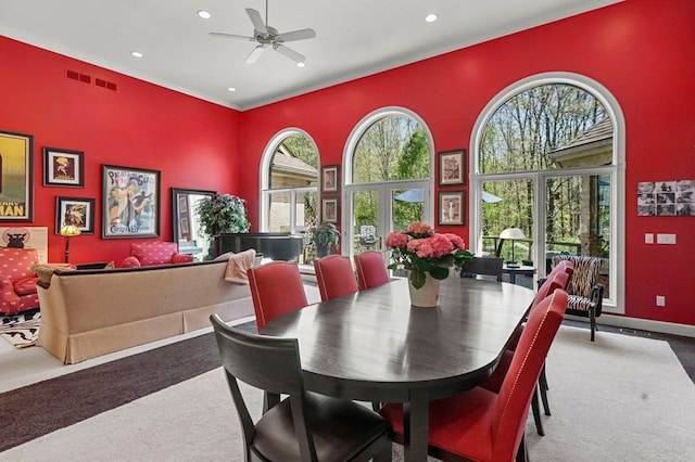 1293 Huntcliff, Milford, MI 48380 - dining area featuring a towering ceiling, recessed lighting, carpet flooring, a ceiling fan, and baseboards