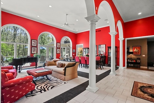 1293 Huntcliff, Milford, MI 48380 - building lobby with ornamental molding, a high ceiling, and recessed lighting