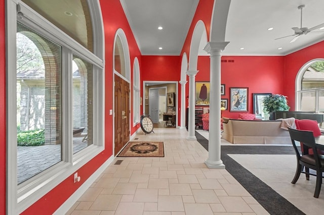 1293 Huntcliff, Milford, MI 48380 - hallway with decorative columns, ornamental molding, baseboards, and recessed lighting