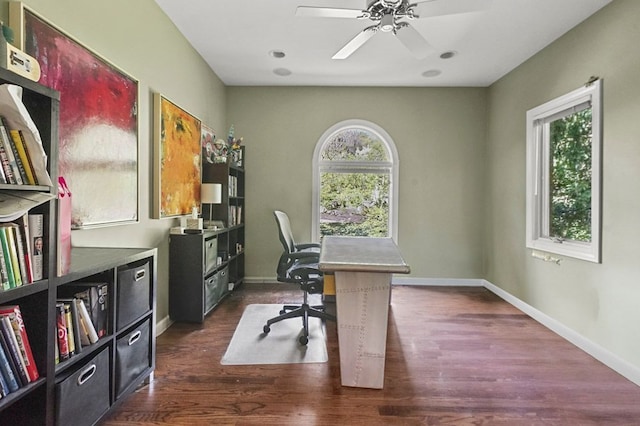 1293 Huntcliff, Milford, MI 48380 - office area with healthy amount of natural light, dark wood finished floors, ceiling fan, and baseboards