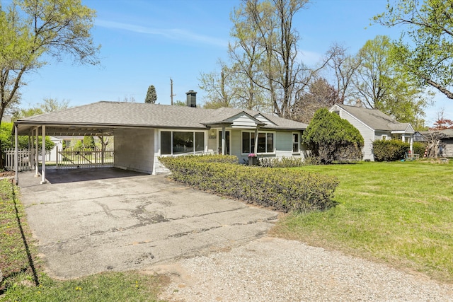 22029 Seminole St, Southfield, MI 48033 - ranch-style home with fence, a front yard, a chimney, a shingled roof, and driveway