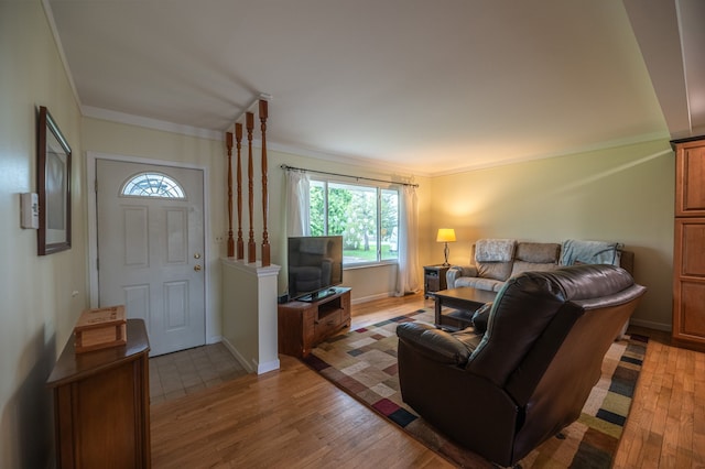 living area featuring ornamental molding, a wealth of natural light, baseboards, and light wood-style flooring