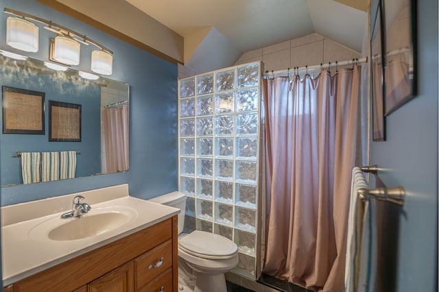 full bath with vanity, curtained shower, lofted ceiling, and toilet