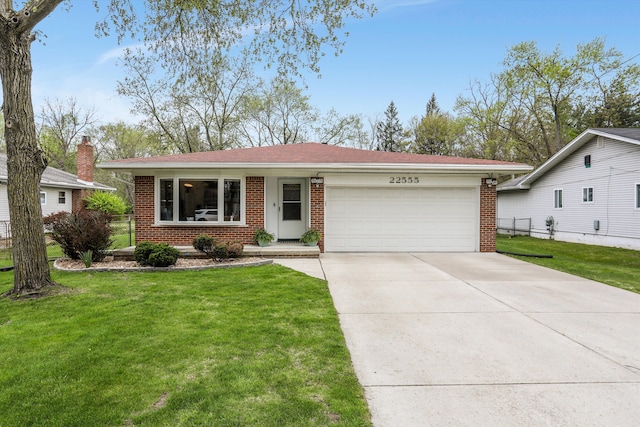 ranch-style house with brick siding, driveway, a front lawn, and a garage