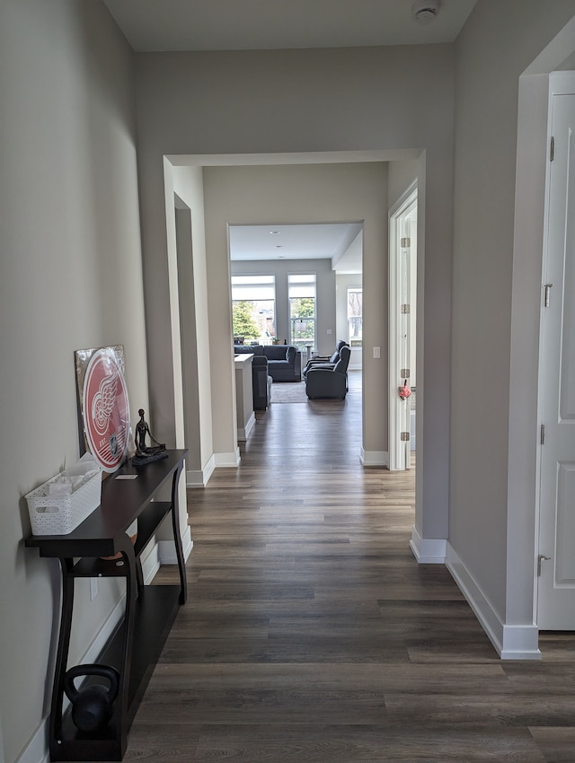 2298 Pondview Ln, Troy, MI 48085 - hallway featuring baseboards and dark wood-style flooring