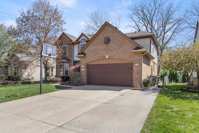 traditional-style house with brick siding, an attached garage, driveway, and a front lawn